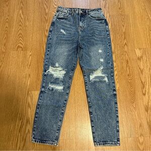 SHEIN Tapered Leg Denim Jeans Women's Medium Blue Whisker High Rise Distressed